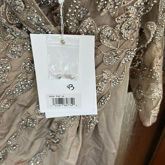 Mac Duggal 20346 Embellished Faux Wrap Illusion Puff Sleeve Gown Taupe 14 - Picture 9 of 13